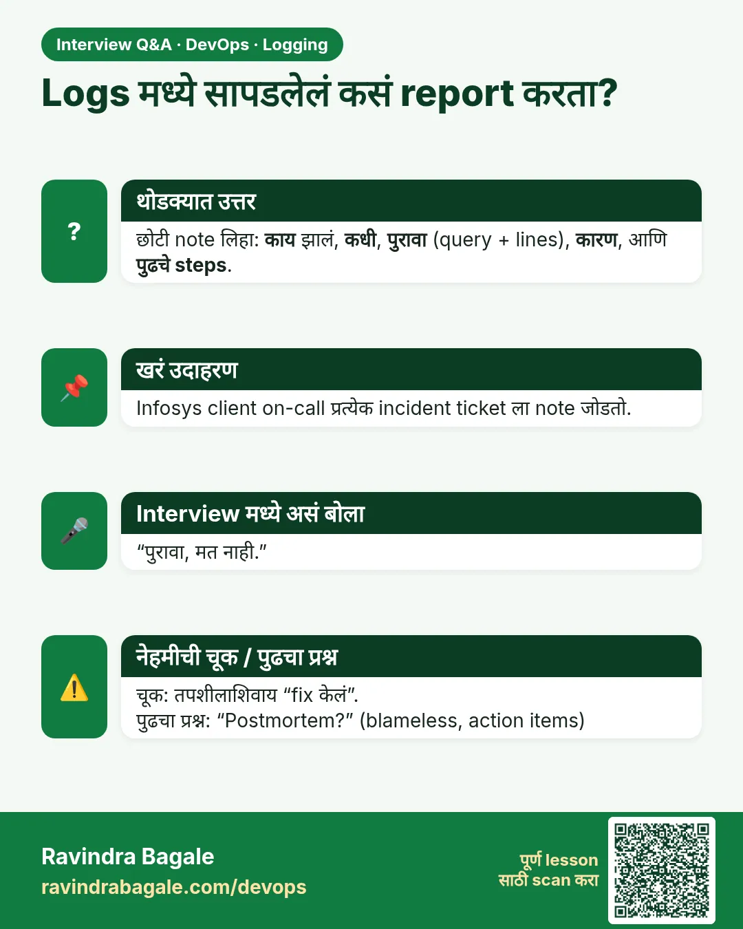 Logs मध्ये सापडलेलं कसं report करता? छोटी note लिहा: काय झालं, कधी, पुरावा (query + lines), कारण, आणि पुढचे steps.