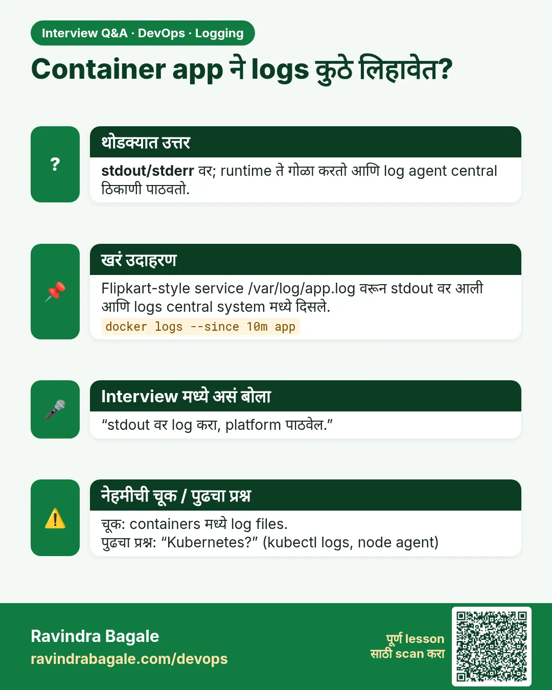 Container app ने logs कुठे लिहावेत? stdout/stderr वर; runtime ते गोळा करतो आणि log agent central ठिकाणी पाठवतो.