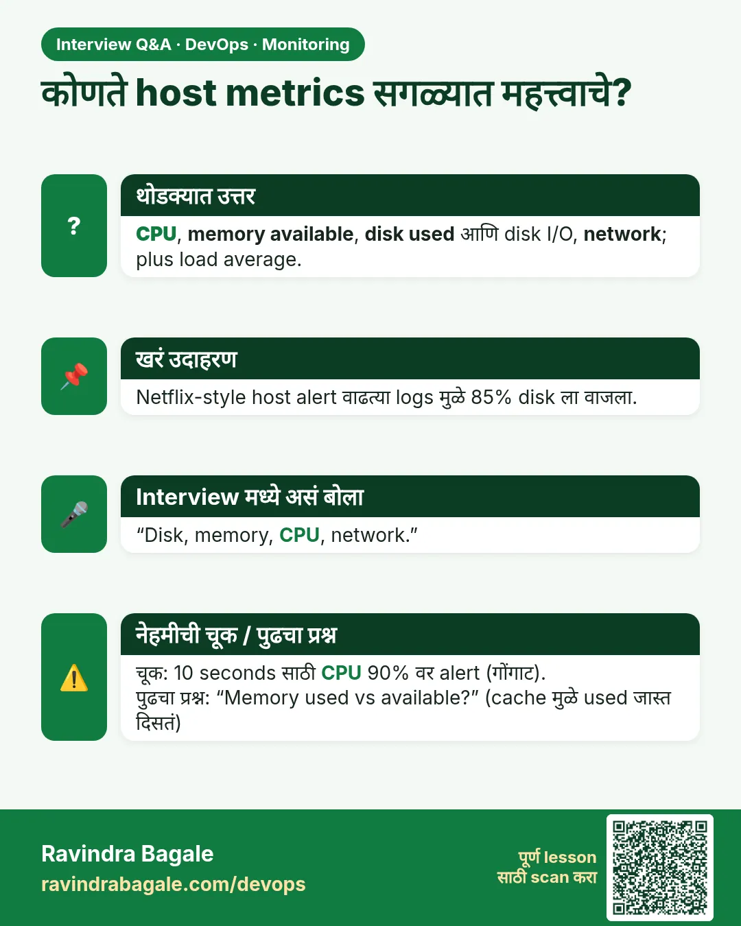 कोणते host metrics सगळ्यात महत्त्वाचे? CPU, memory available, disk used आणि disk I/O, network; plus load average.