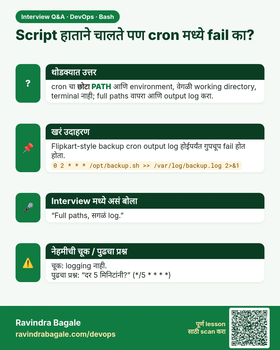 Script हाताने चालते पण cron मध्ये fail का? cron चा छोटा PATH आणि environment, वेगळी working directory, terminal नाही; full paths वापरा आणि output log करा.