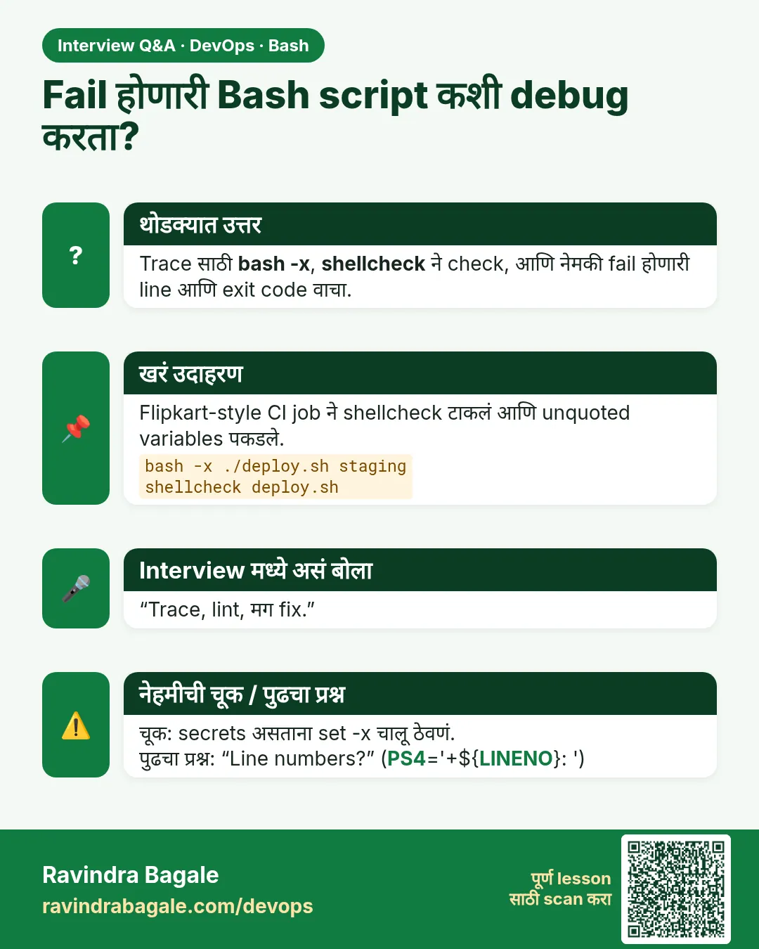 Fail होणारी Bash script कशी debug करता? Trace साठी bash -x, shellcheck ने check, आणि नेमकी fail होणारी line आणि exit code वाचा.