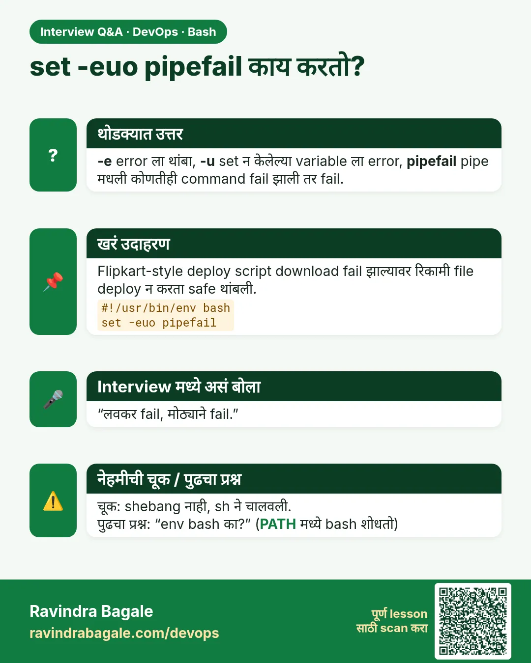 set -euo pipefail काय करतो? -e error ला थांबा, -u set न केलेल्या variable ला error, pipefail pipe मधली कोणतीही command fail झाली तर fail.