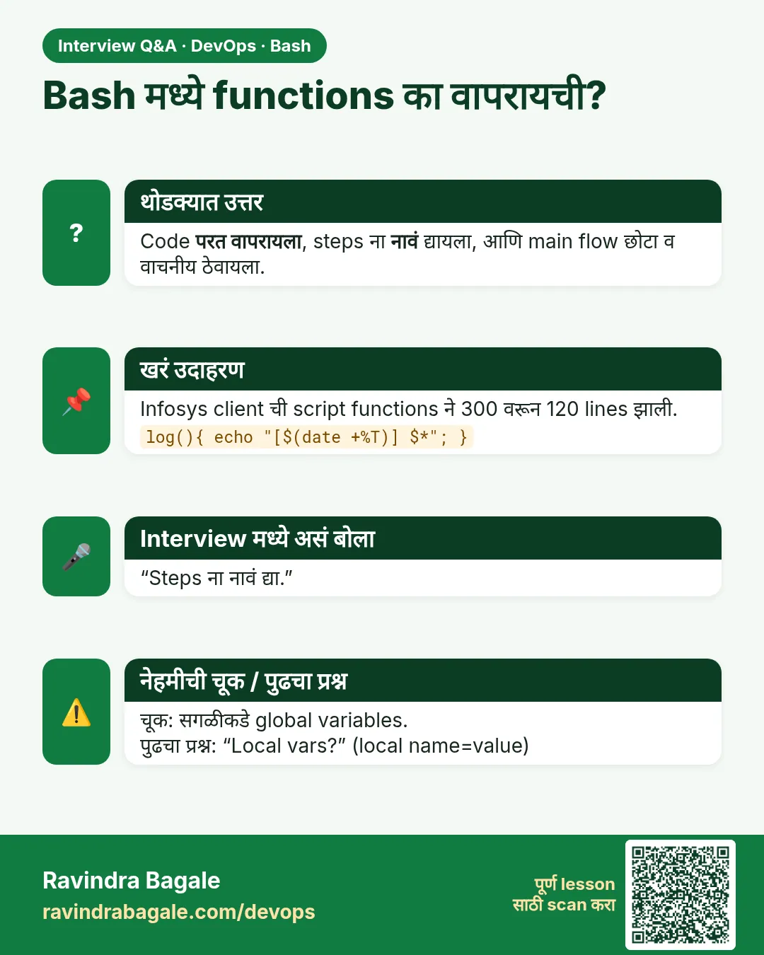 Bash मध्ये functions का वापरायची? Code परत वापरायला, steps ना नावं द्यायला, आणि main flow छोटा व वाचनीय ठेवायला.