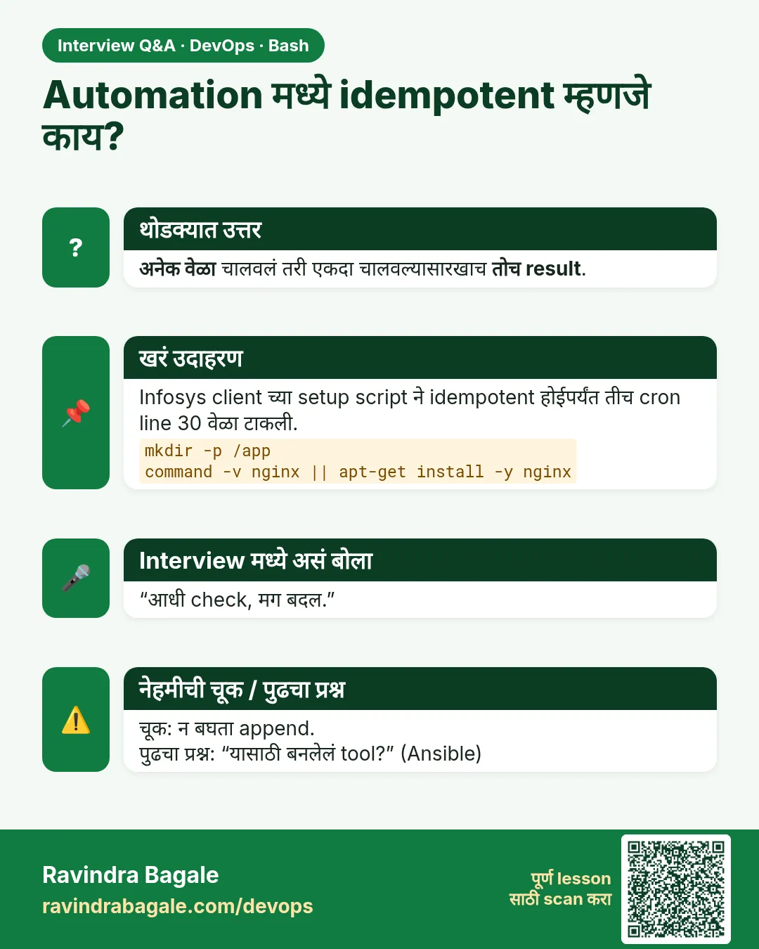 Automation मध्ये idempotent म्हणजे काय? अनेक वेळा चालवलं तरी एकदा चालवल्यासारखाच तोच result.