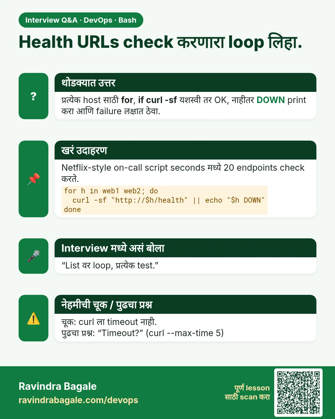 Health URLs check करणारा loop लिहा. प्रत्येक host साठी for, if curl -sf यशस्वी तर OK, नाहीतर DOWN print करा आणि failure लक्षात ठेवा.
