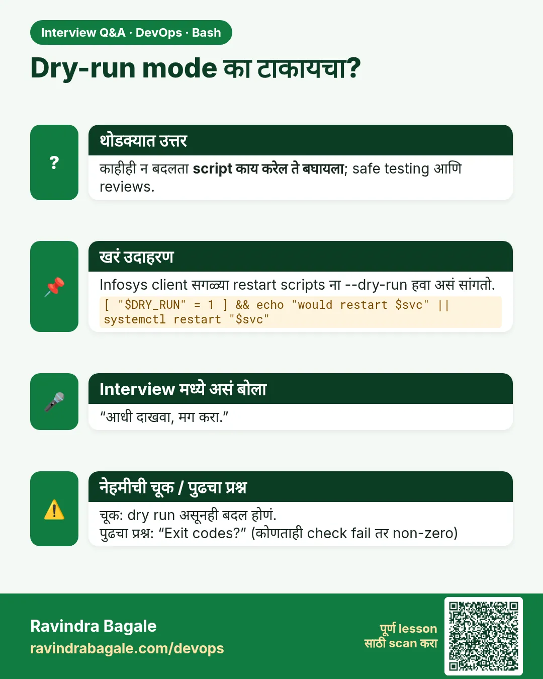 Dry-run mode का टाकायचा? काहीही न बदलता script काय करेल ते बघायला; safe testing आणि reviews.