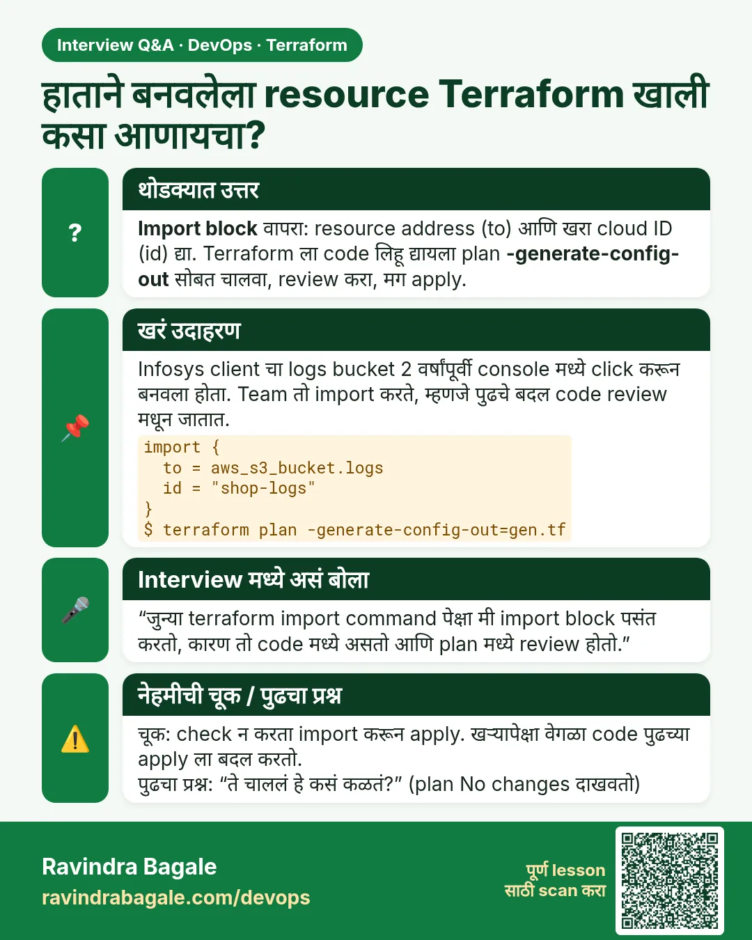 हाताने बनवलेला resource Terraform खाली कसा आणायचा? Import block वापरा: resource address (to) आणि खरा cloud ID (id) द्या. Terraform ला code लिहू द्यायला plan -generate-config-out सोबत चालवा, review करा, मग apply.