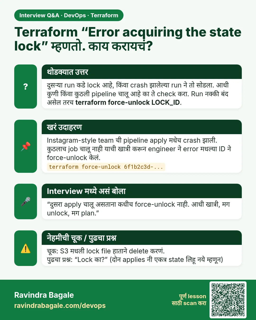 Terraform “Error acquiring the state lock” म्हणतो. काय करायचं? दुसऱ्या run कडे lock आहे, किंवा crash झालेल्या run ने तो सोडला. आधी कुणी किंवा कुठली pipeline चालू आहे का ते check करा. Run नक्की बंद असेल तरच terraform force-unlock LOCK_ID.