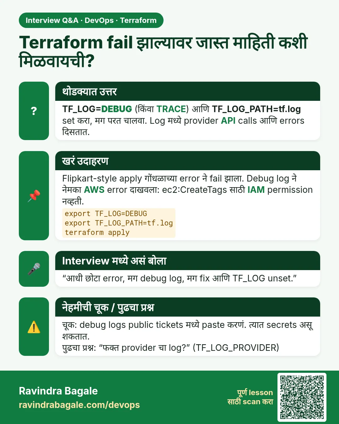 Terraform fail झाल्यावर जास्त माहिती कशी मिळवायची? TF_LOG=DEBUG (किंवा TRACE) आणि TF_LOG_PATH=tf.log set करा, मग परत चालवा. Log मध्ये provider API calls आणि errors दिसतात.