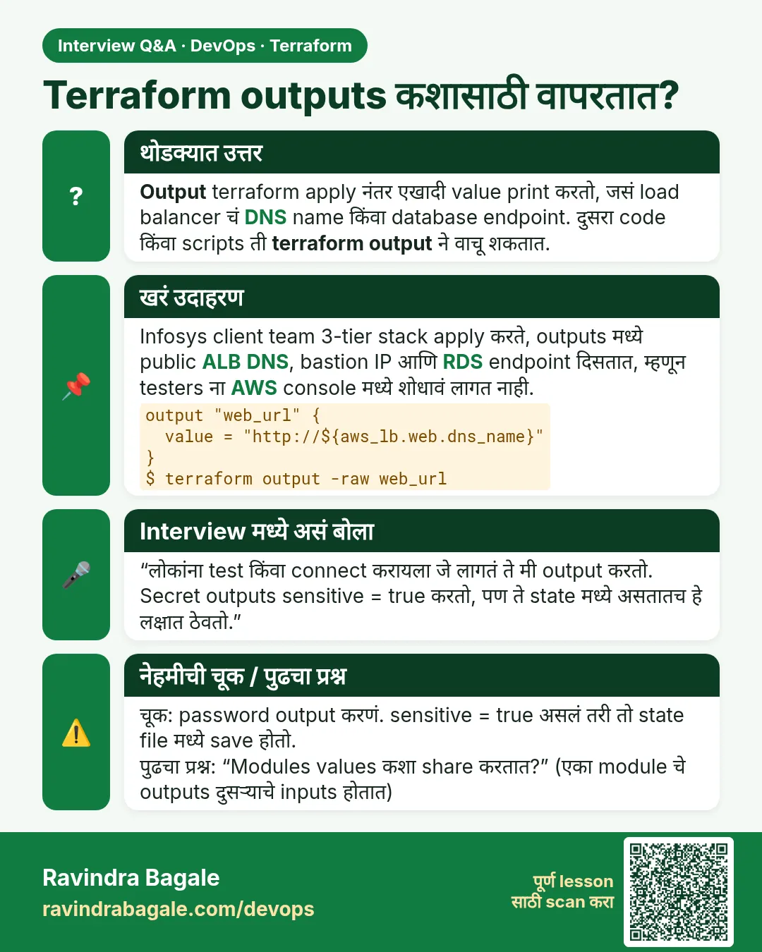 Terraform outputs कशासाठी वापरतात? Output terraform apply नंतर एखादी value print करतो, जसं load balancer चं DNS name किंवा database endpoint. दुसरा code किंवा scripts ती terraform output ने वाचू शकतात.