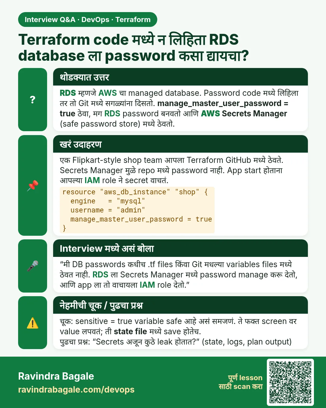 Terraform code मध्ये न लिहिता RDS database ला password कसा द्यायचा? RDS म्हणजे AWS चा managed database. Password code मध्ये लिहिला तर तो Git मध्ये सगळ्यांना दिसतो. manage_master_user_password = true ठेवा, मग RDS password बनवतो आणि AWS Secrets Manager (safe password store) मध्ये ठेवतो.