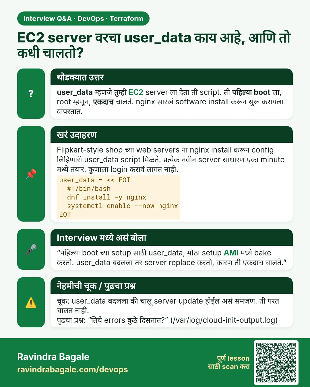 EC2 server वरचा user_data काय आहे, आणि तो कधी चालतो? user_data म्हणजे तुम्ही EC2 server ला देता ती script. ती पहिल्या boot ला, root म्हणून, एकदाच चालते. nginx सारखं software install करून सुरू करायला वापरतात.