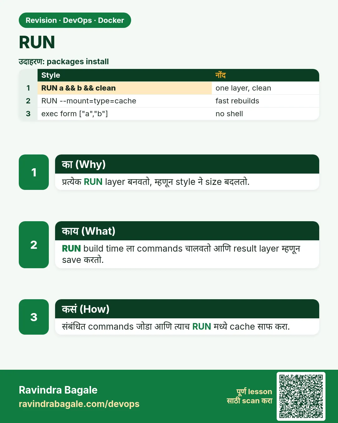 RUN. प्रत्येक RUN layer बनवतो, म्हणून style ने size बदलतो.
