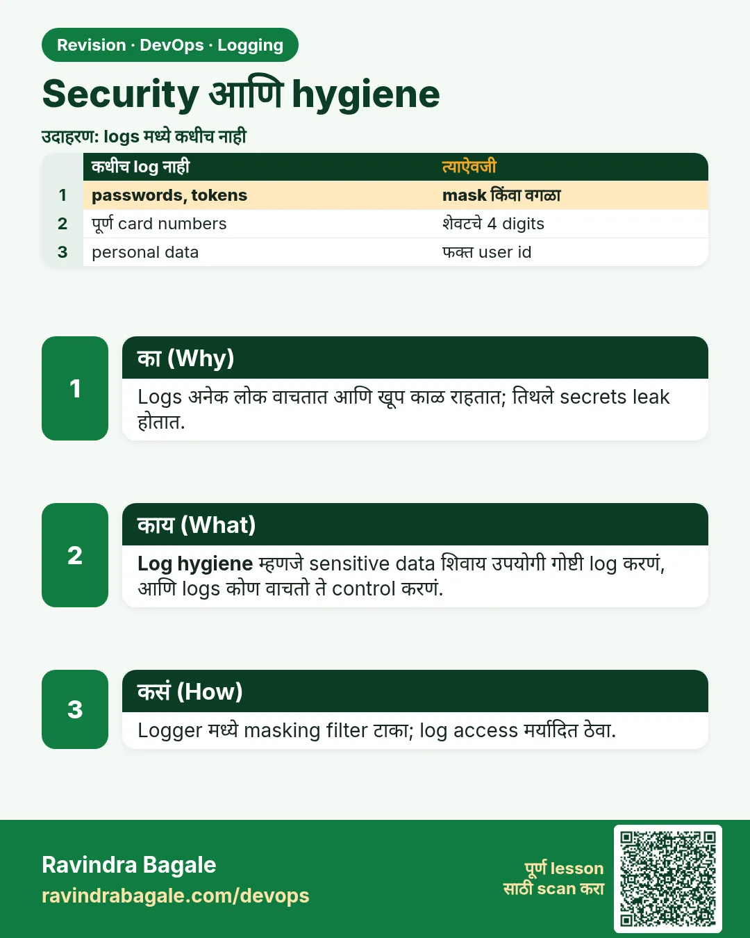 Security आणि hygiene. Logs अनेक लोक वाचतात आणि खूप काळ राहतात; तिथले secrets leak होतात.