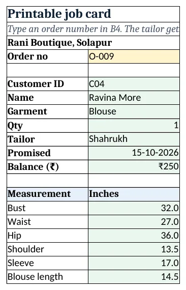 Job card: order details and the customer's measurements for the tailor