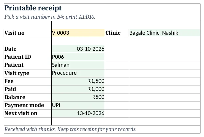 The printable receipt for visit V-0003