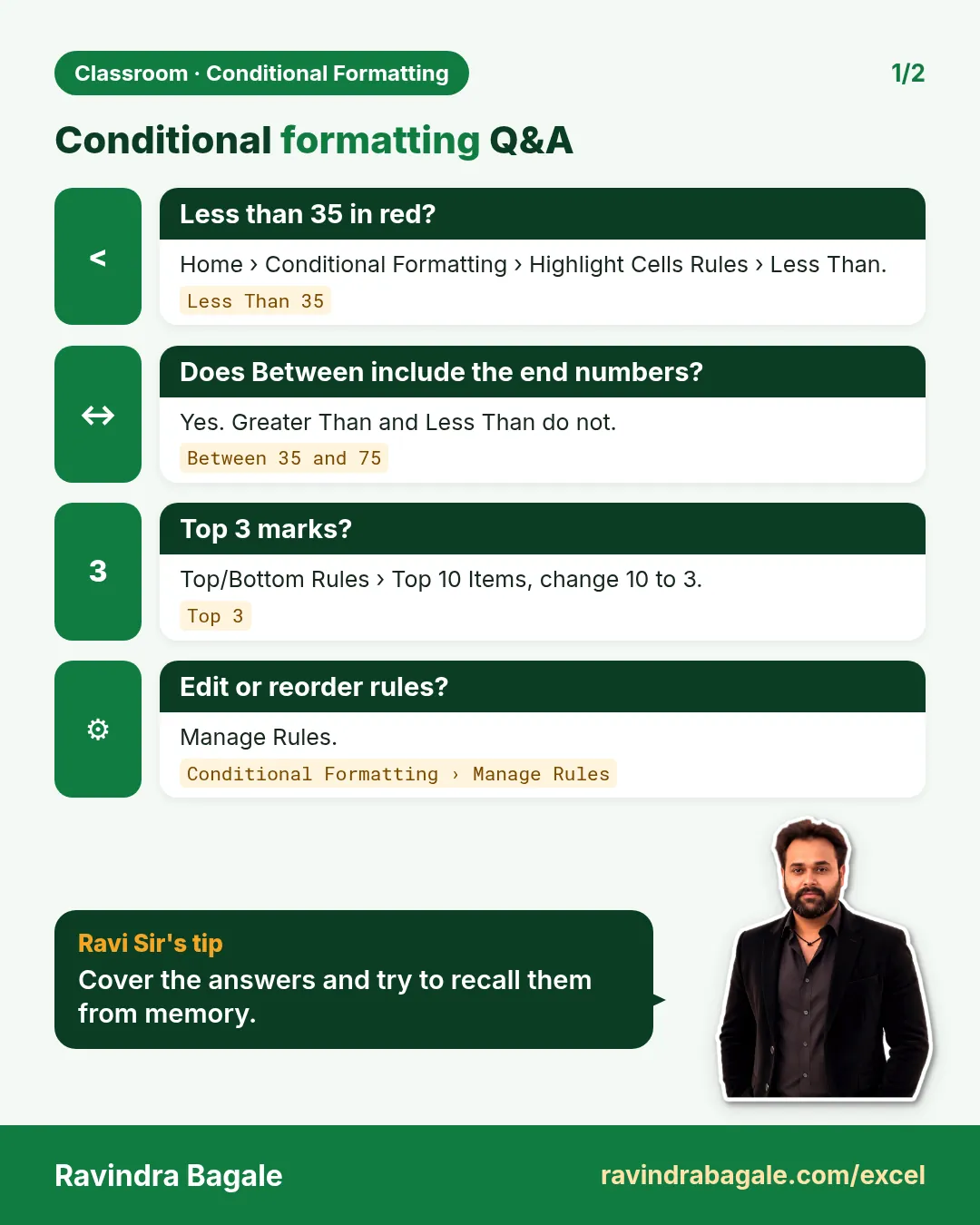 Revision card: Conditional formatting Q&A. Covers Less than 35 in red?; Does Between include the end numbers?; Top 3 marks?; Edit or reorder rules?. With a photo of Ravindra Bagale and a short tip.