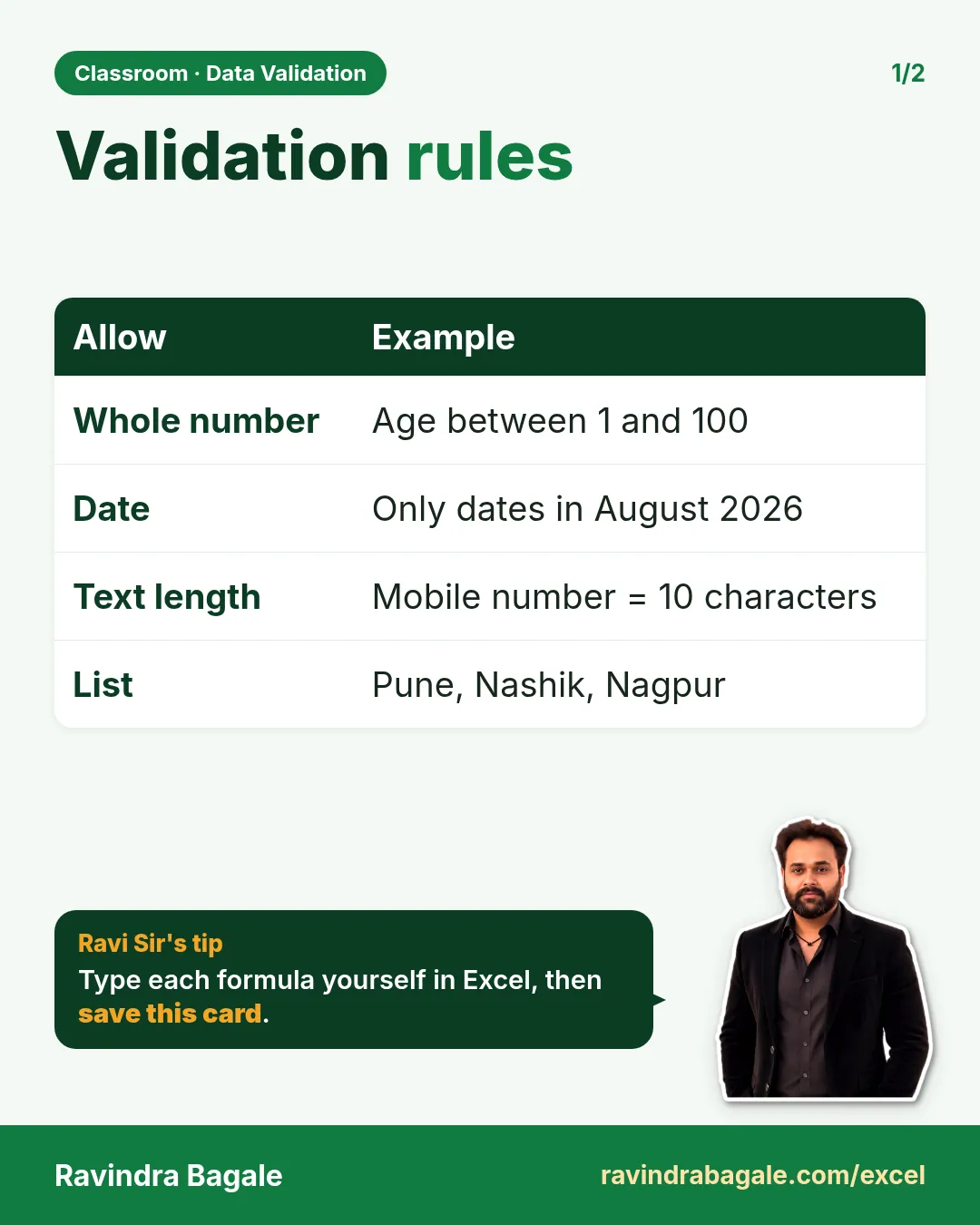 Revision card: Validation rules. Covers Whole number; Date; Text length; List. With a photo of Ravindra Bagale and a short tip.