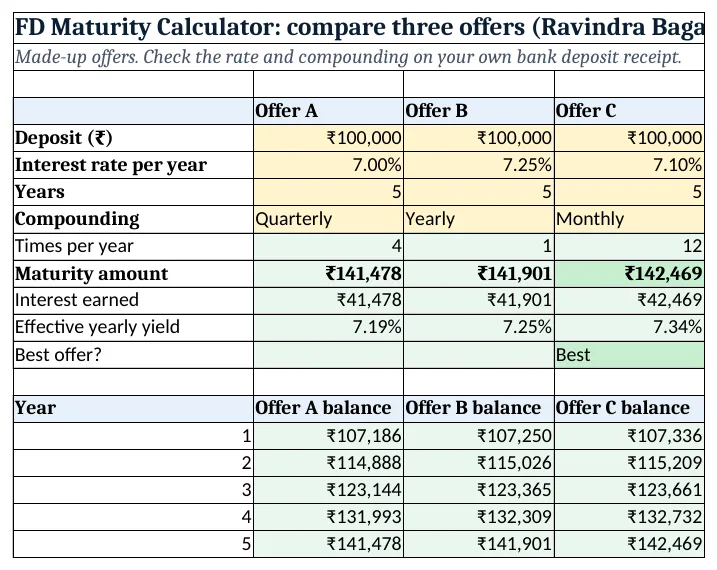 The fd-maturity-calculator-template.xlsx template sheet with example data, yellow input cells and green formula cells