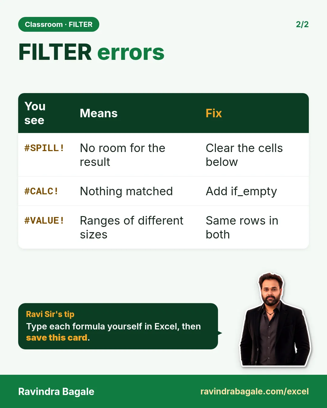 Revision card: FILTER errors. Covers #SPILL!; #CALC!; #VALUE!. With a photo of Ravindra Bagale and a short tip.