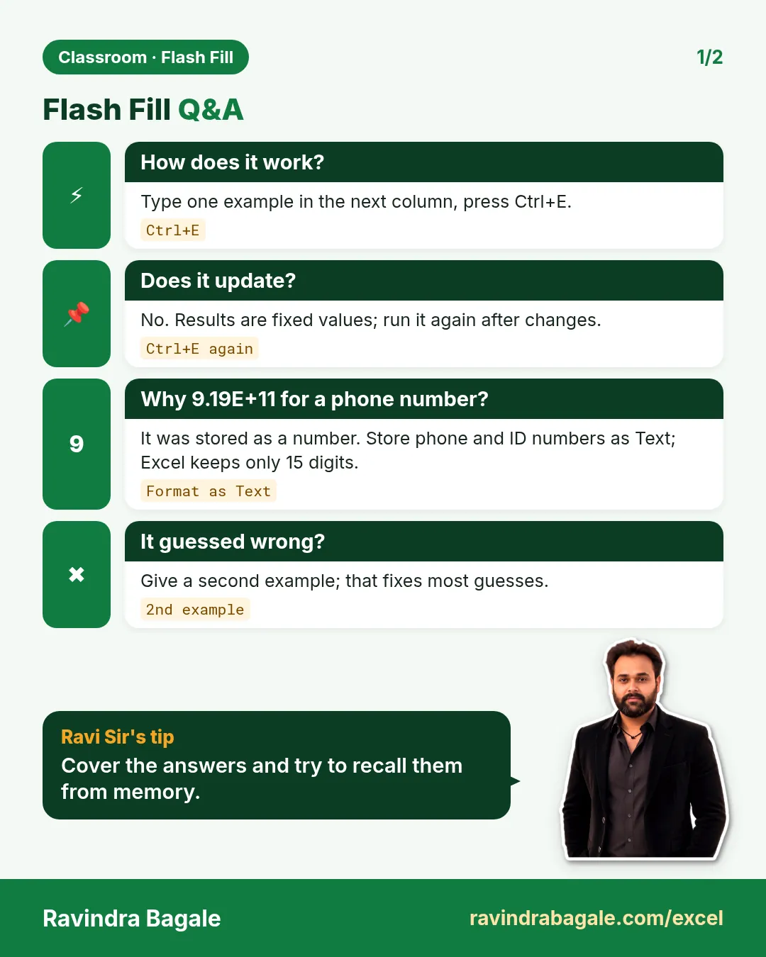Revision card: Flash Fill Q&A. Covers How does it work?; Does it update?; Why 9.19E+11 for a phone number?; It guessed wrong?. With a photo of Ravindra Bagale and a short tip.
