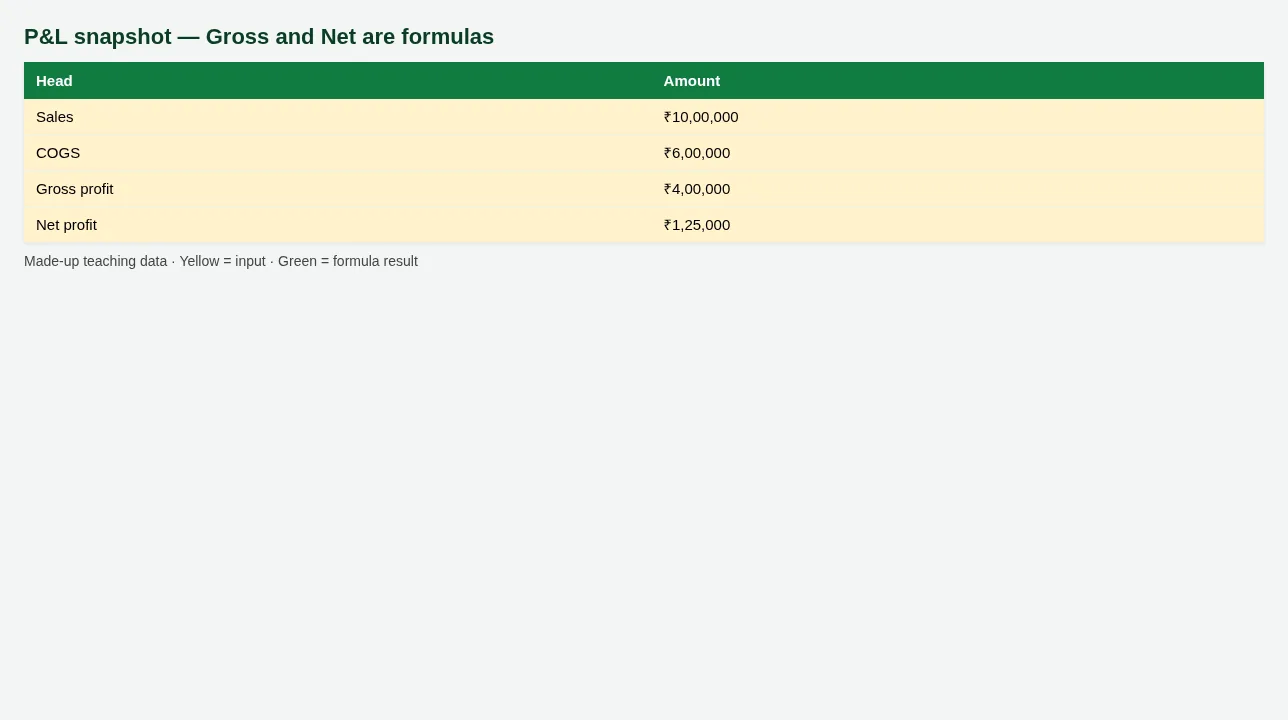 P&L snapshot — Gross and Net are formulas