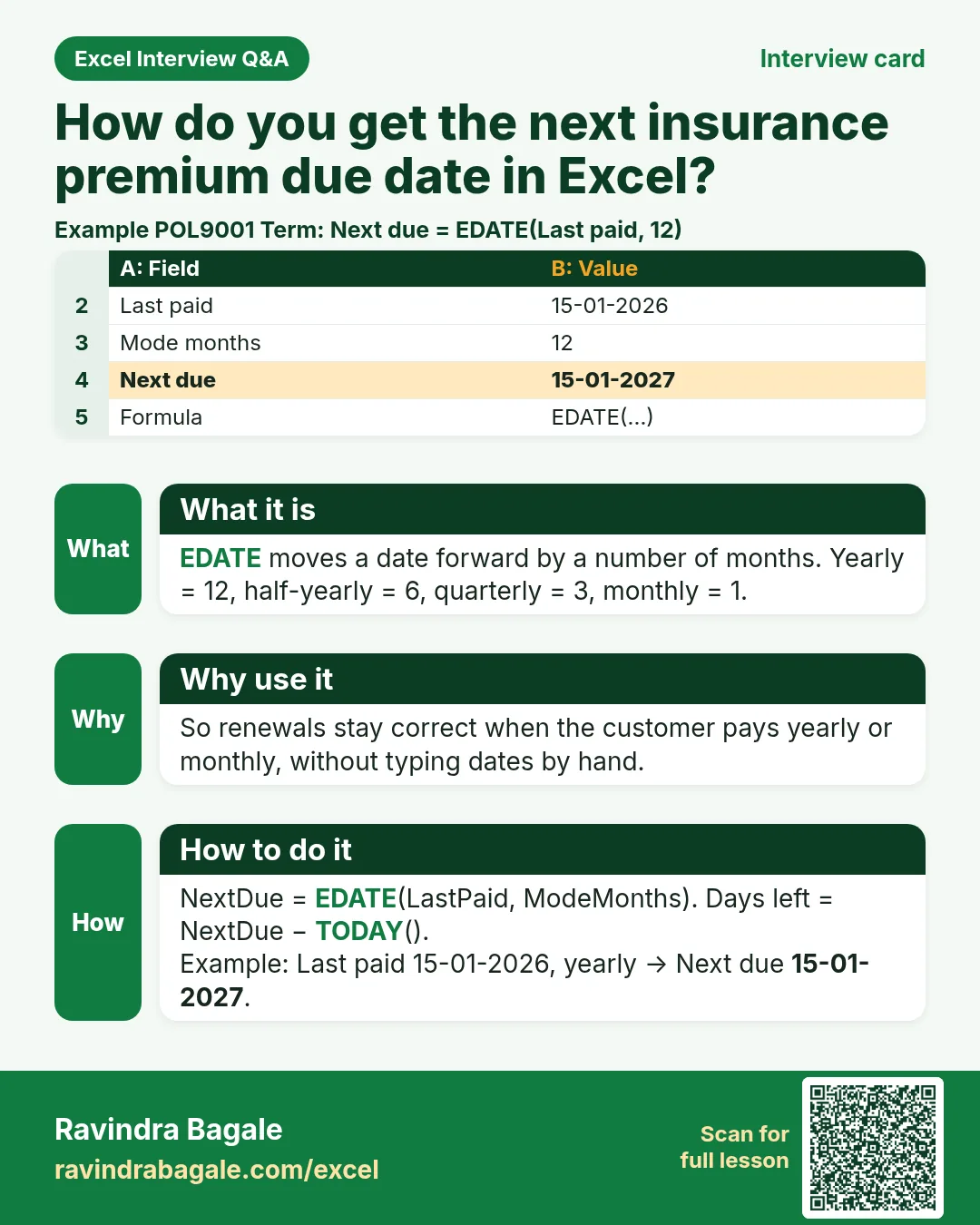 Interview card: How do you get the next insurance premium due date in Excel?