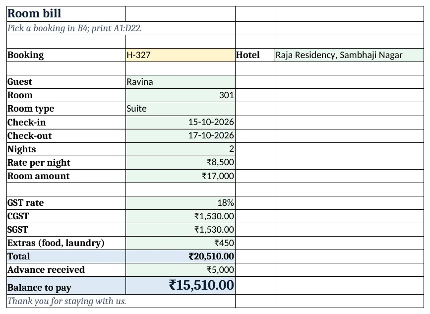 The printable room bill for H-327 (Suite, GST 18%)