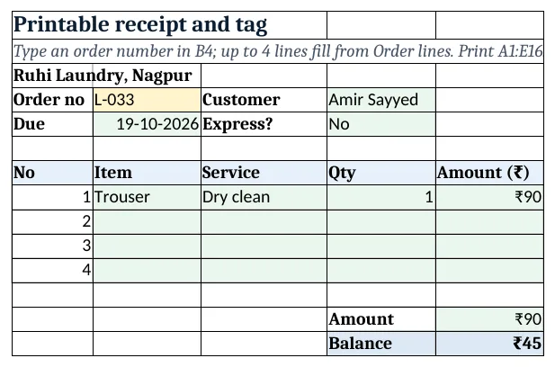 Receipt: one order with its lines and balance