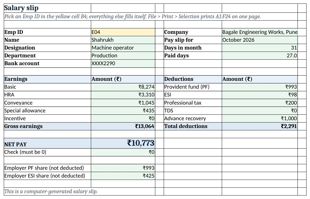 The printable salary slip for Shahrukh: pick an Emp ID in B4 and everything fills from the register