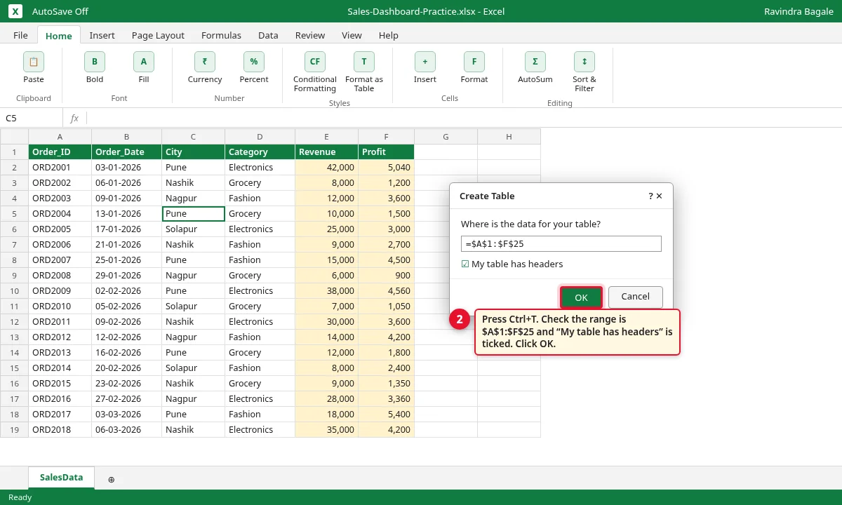 Create Table dialog with range $A$1:$F$25 and My table has headers ticked