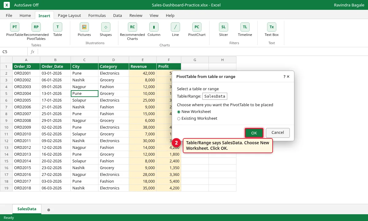 PivotTable from table or range dialog, New Worksheet selected