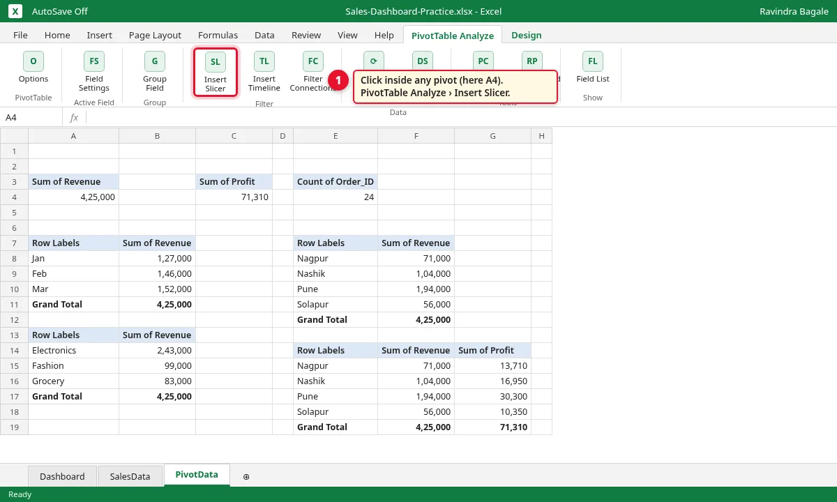 PivotTable Analyze tab with Insert Slicer highlighted