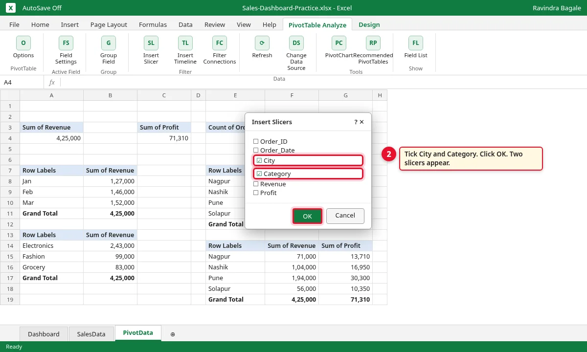 Insert Slicers dialog with City and Category ticked