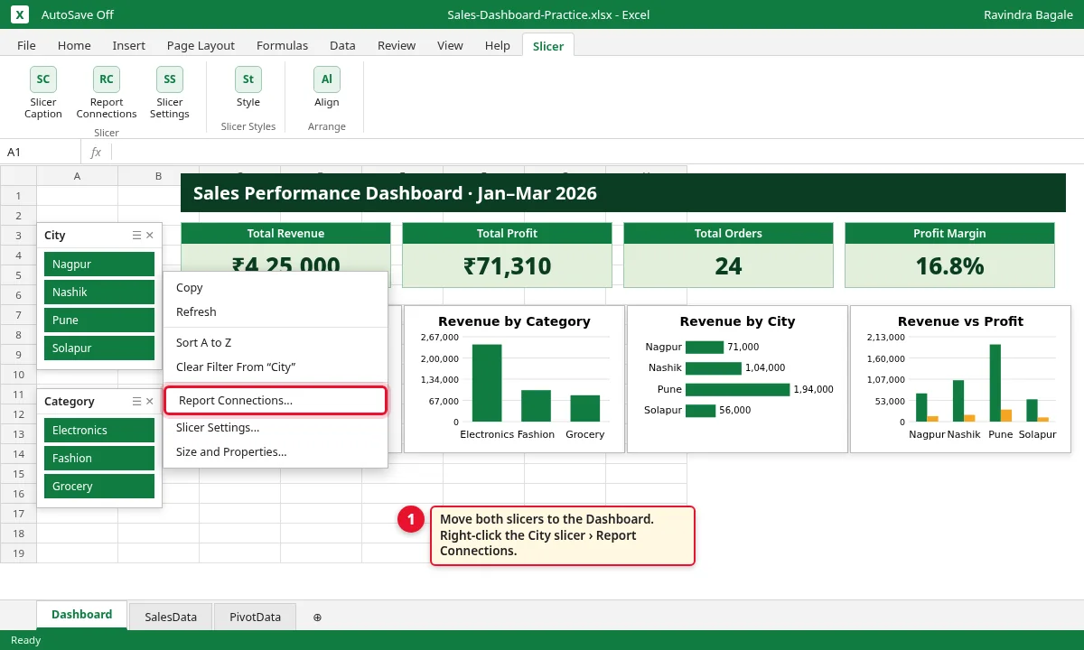 Right-click menu on the City slicer with Report Connections highlighted