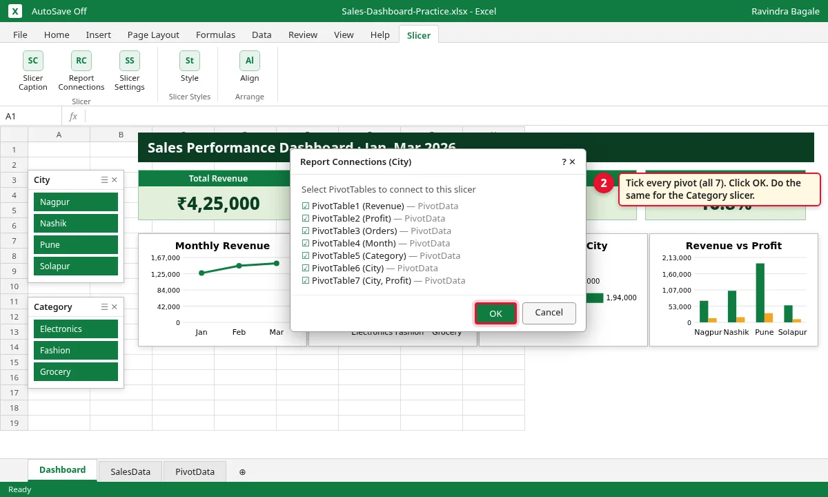 Report Connections dialog with all seven PivotTables ticked