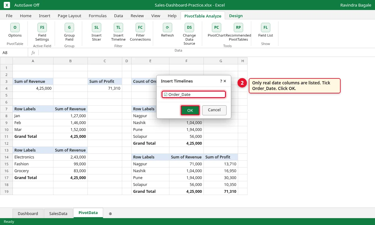 Insert Timelines dialog with Order_Date ticked