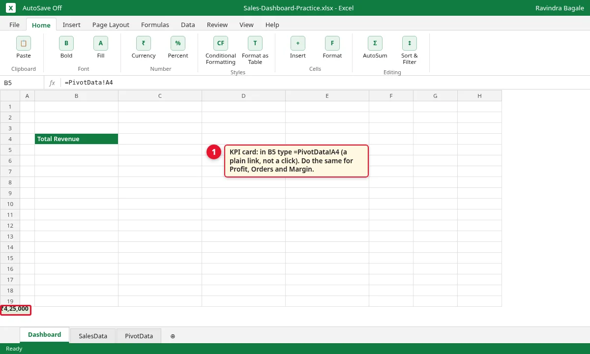 KPI card cell B5 with formula =PivotData!A4