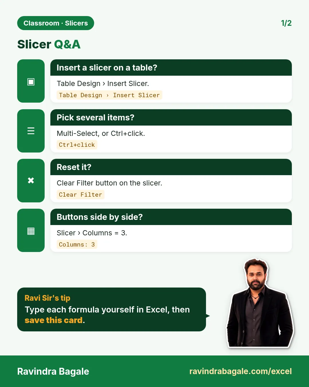 Revision card: Slicer Q&A. Covers Insert a slicer on a table?; Pick several items?; Reset it?; Buttons side by side?. With a photo of Ravindra Bagale and a short tip.