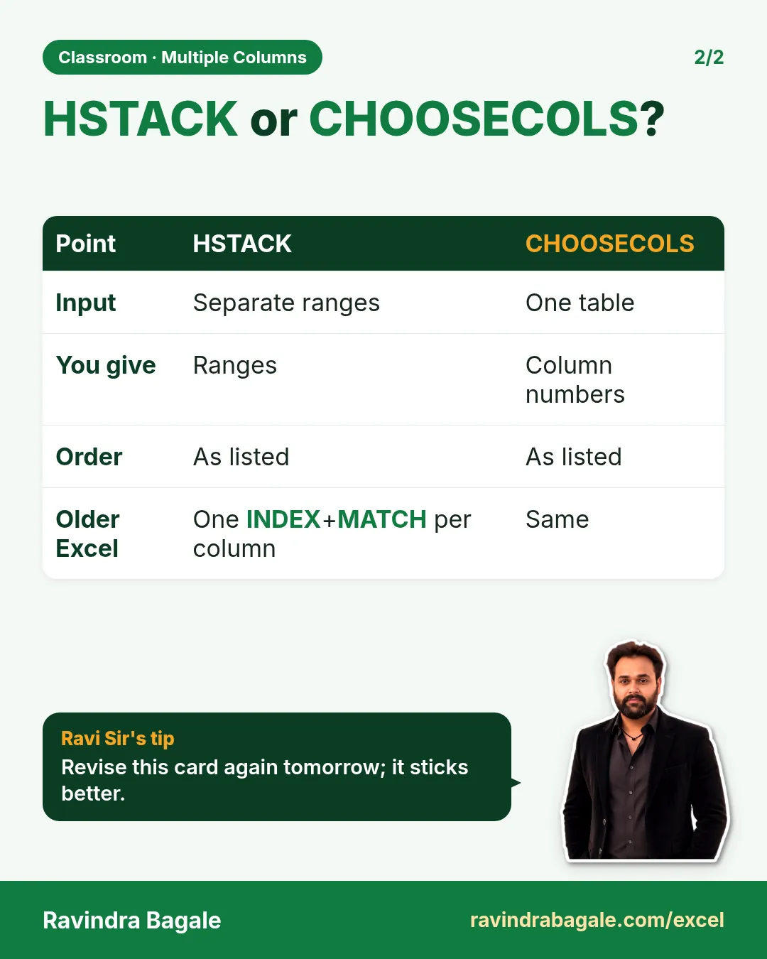 Revision card: HSTACK or CHOOSECOLS?. Covers Input; You give; Order; Older Excel. With a photo of Ravindra Bagale and a short tip.