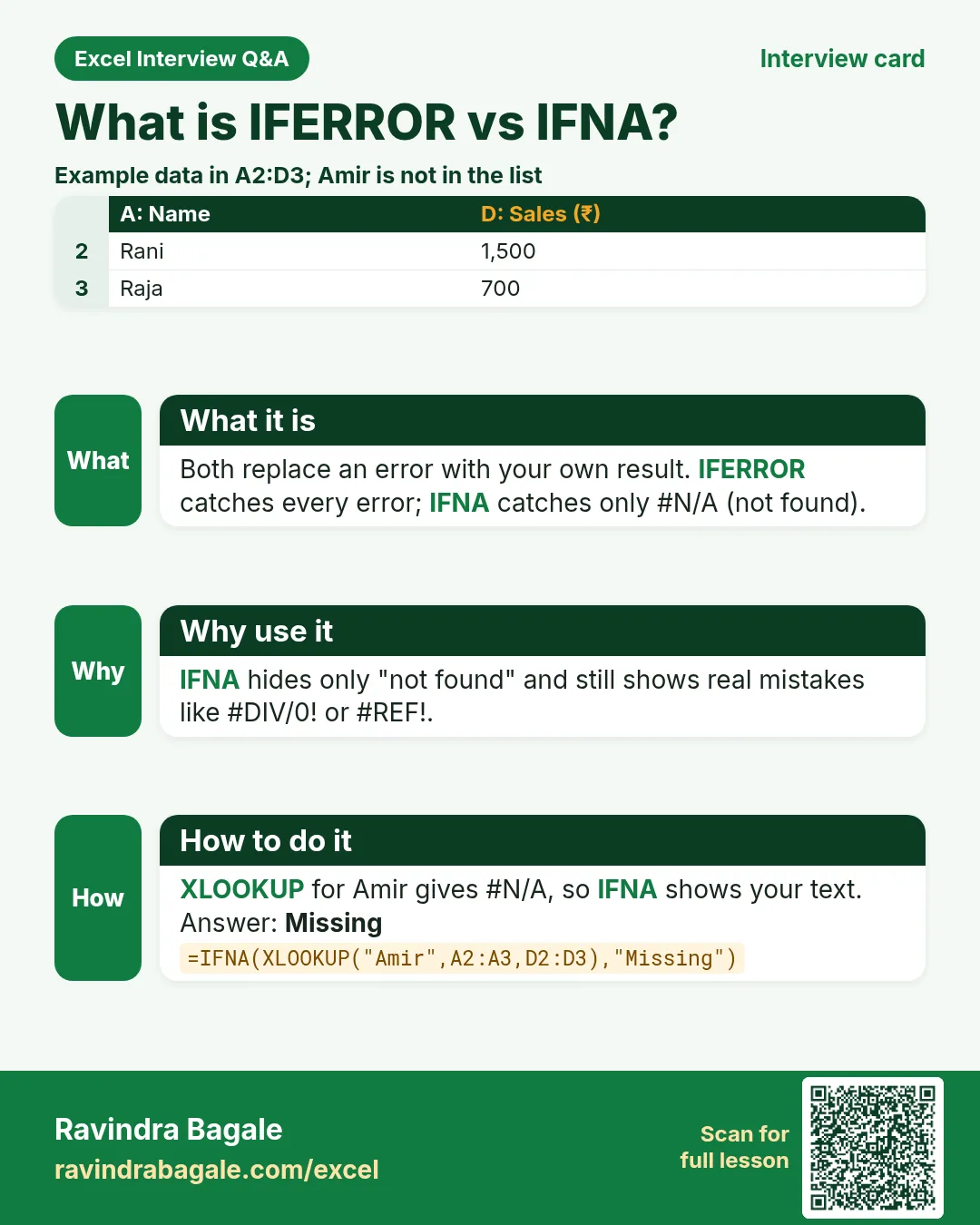 Excel interview card 14: What is IFERROR vs IFNA? Example, what it is, why use it and how to do it.