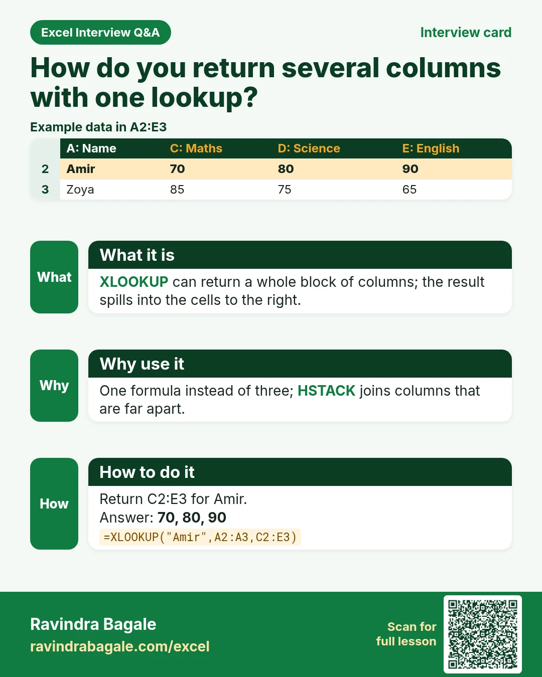 Excel interview card 20: How do you return several columns with one lookup? Example, what it is, why use it and how to do it.