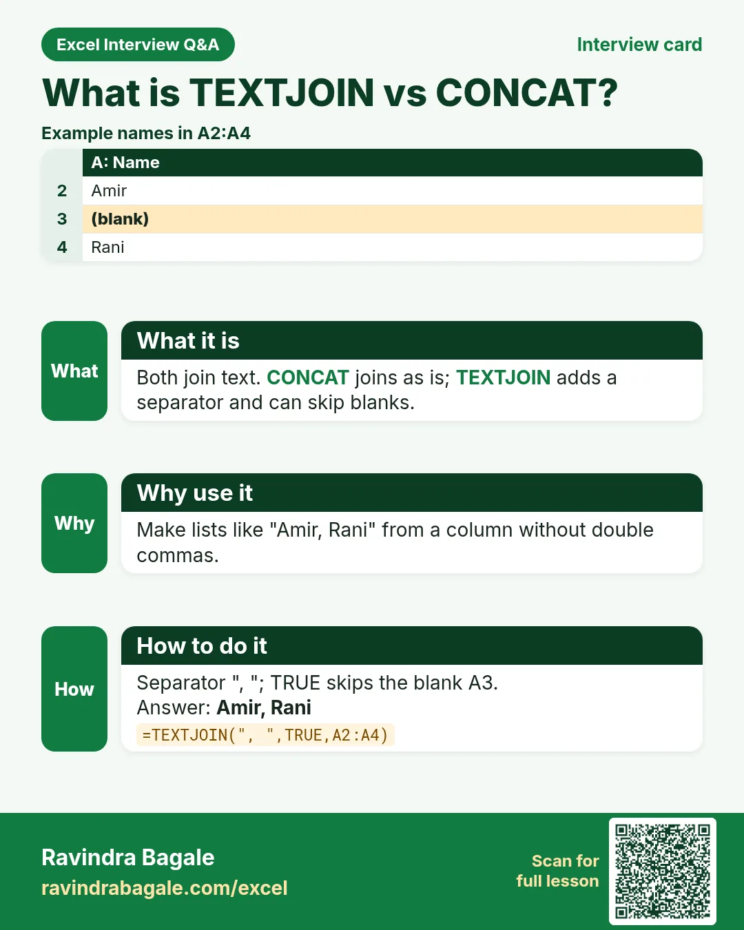 Excel interview card 22: What is TEXTJOIN vs CONCAT? Example, what it is, why use it and how to do it.