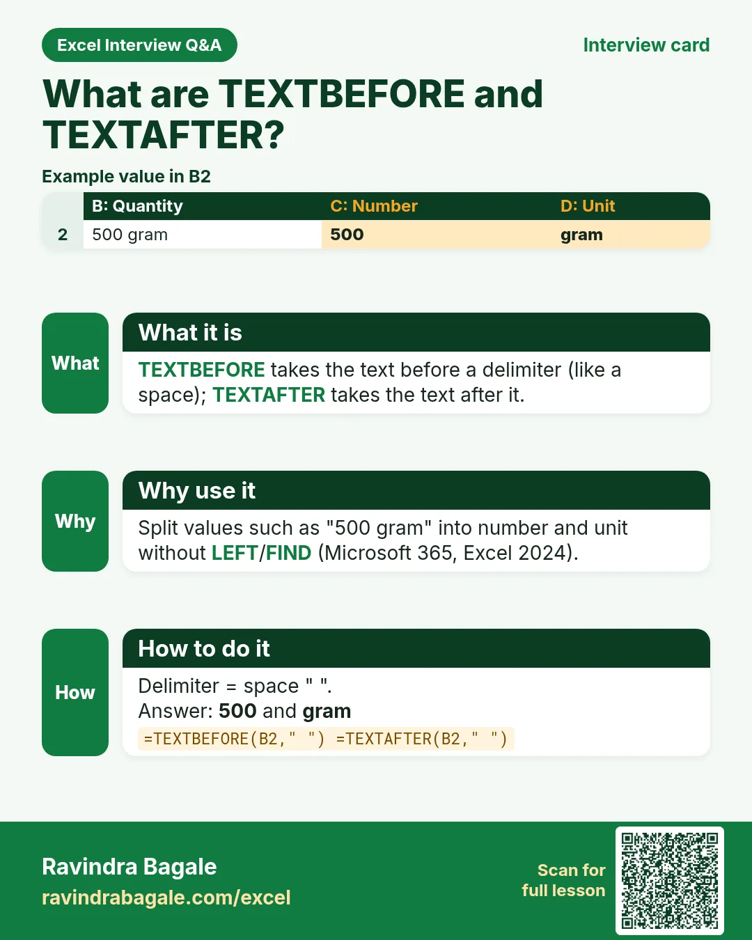 Excel interview card 23: What are TEXTBEFORE and TEXTAFTER? Example, what it is, why use it and how to do it.