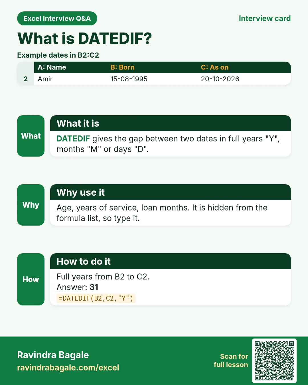 Excel interview card 24: What is DATEDIF? Example, what it is, why use it and how to do it.