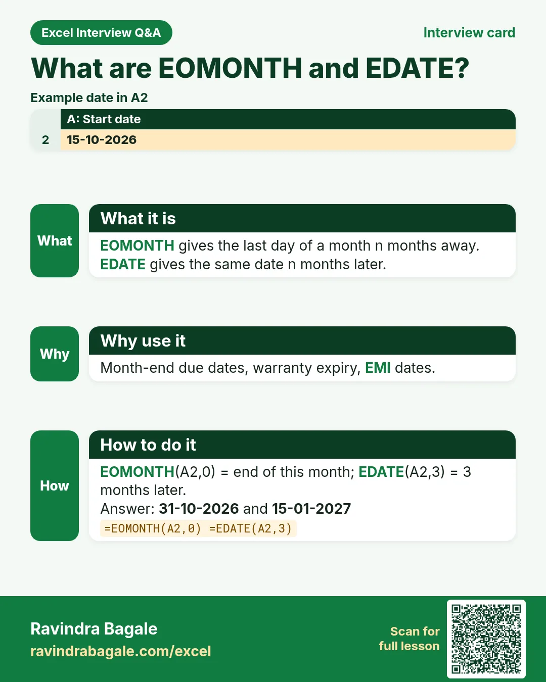 Excel interview card 25: What are EOMONTH and EDATE? Example, what it is, why use it and how to do it.
