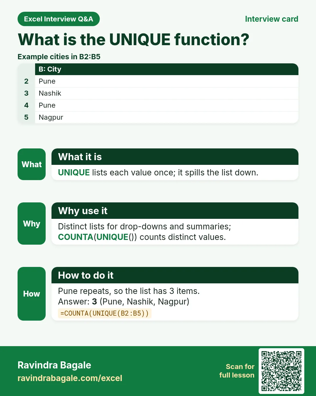 Excel interview card 29: What is the UNIQUE function? Example, what it is, why use it and how to do it.