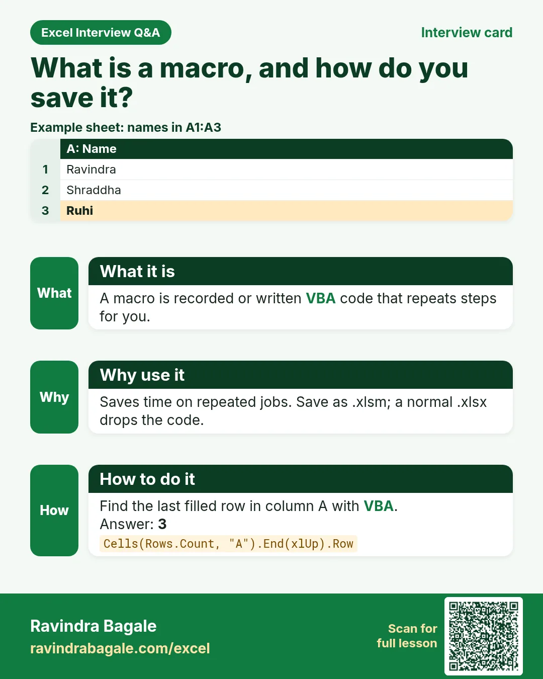 Excel interview card 42: What is a macro, and how do you save it? Example, what it is, why use it and how to do it.