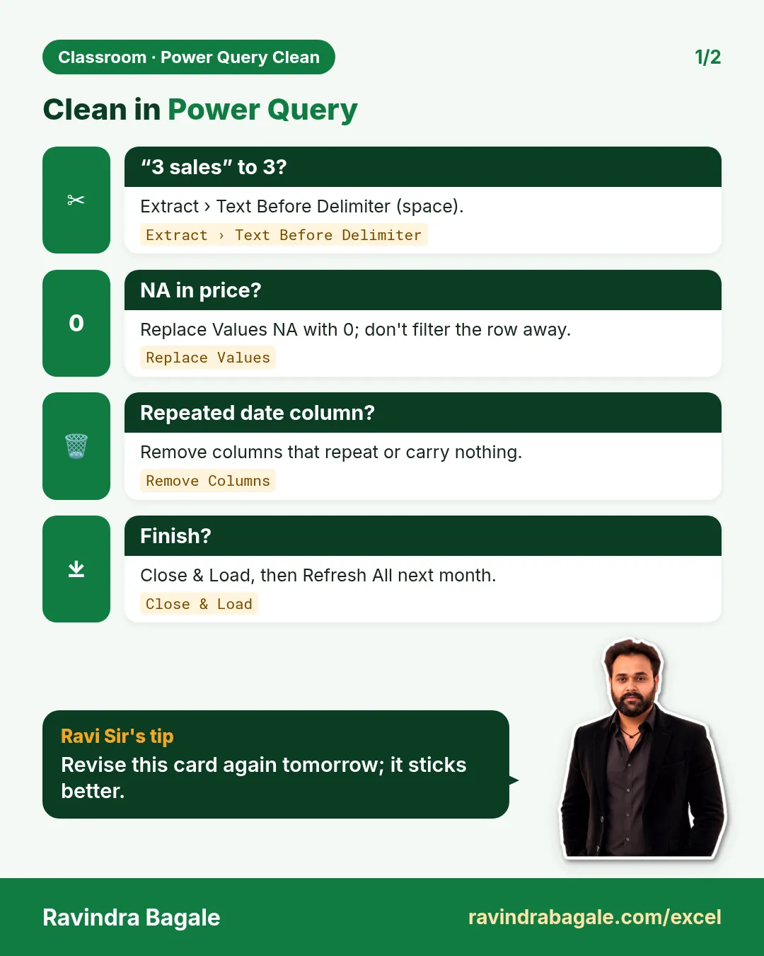 Revision card: Clean in Power Query. Covers “3 sales” to 3?; NA in price?; Repeated date column?; Finish?. With a photo of Ravindra Bagale and a short tip.