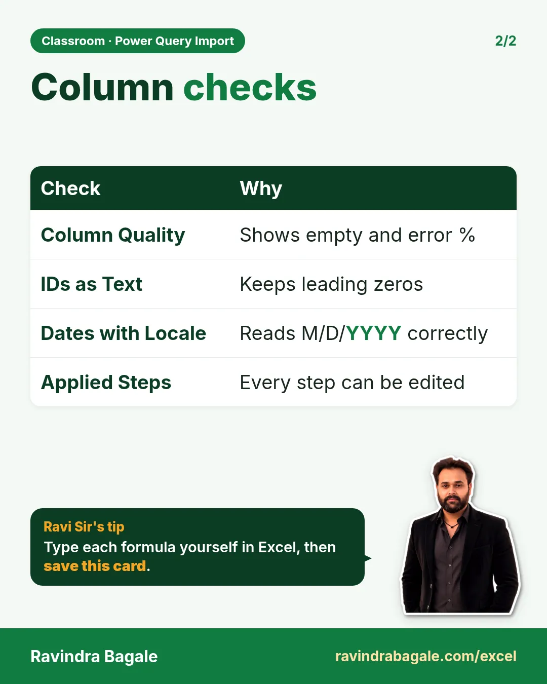 Revision card: Column checks. Covers Column Quality; IDs as Text; Dates with Locale; Applied Steps. With a photo of Ravindra Bagale and a short tip.